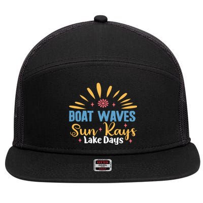 Boat Waves Sun Rays Lake Days Summer Vacation Vibes Retro Funny Gift 7 Panel Mesh Trucker Snapback Hat