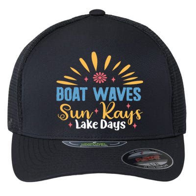 Boat Waves Sun Rays Lake Days Summer Vacation Vibes Retro Funny Gift Flexfit Unipanel Trucker Cap