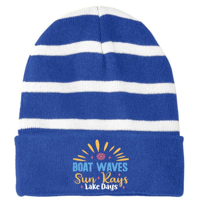 Boat Waves Sun Rays Lake Days Summer Vacation Vibes Retro Funny Gift Striped Beanie with Solid Band