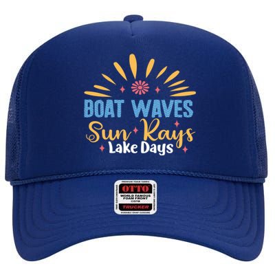 Boat Waves Sun Rays Lake Days Summer Vacation Vibes Retro Funny Gift High Crown Mesh Back Trucker Hat