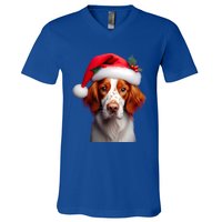 Brittany With Santa Hat Christmas Xmas Dog Owner Lover Mom Gift V-Neck T-Shirt