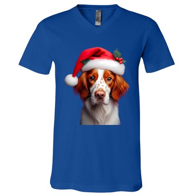 Brittany With Santa Hat Christmas Xmas Dog Owner Lover Mom Gift V-Neck T-Shirt