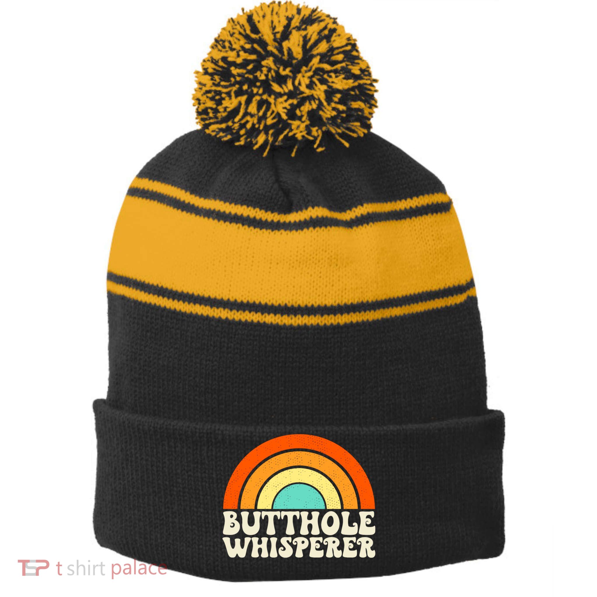Butthole Whisperer Sarcastic Jokes Retro Groovy Rainbow Stripe Pom Pom Beanie