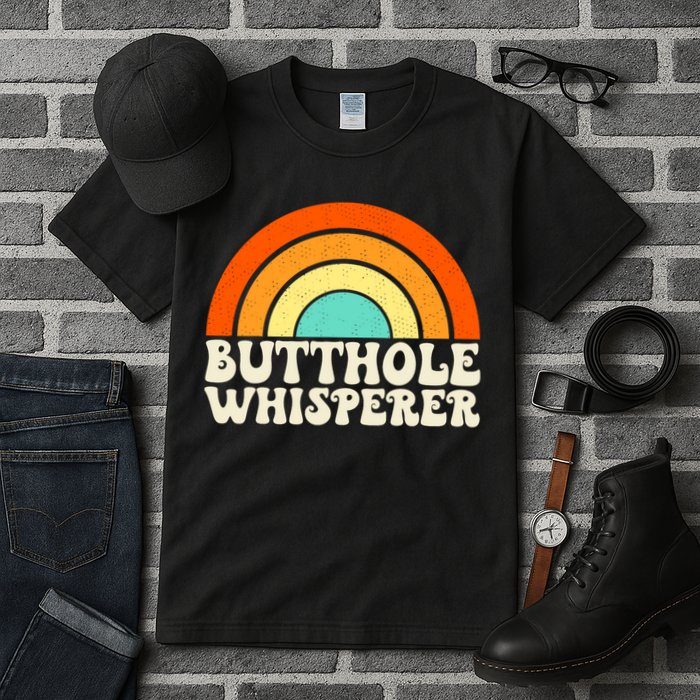 Butthole Whisperer Sarcastic Jokes Retro Groovy Rainbow Tall T-Shirt