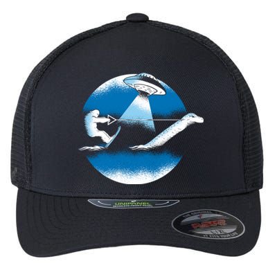 Bigfoot Water Skiing On Loch Ness Monster Alien Space Ship Gift Flexfit Unipanel Trucker Cap