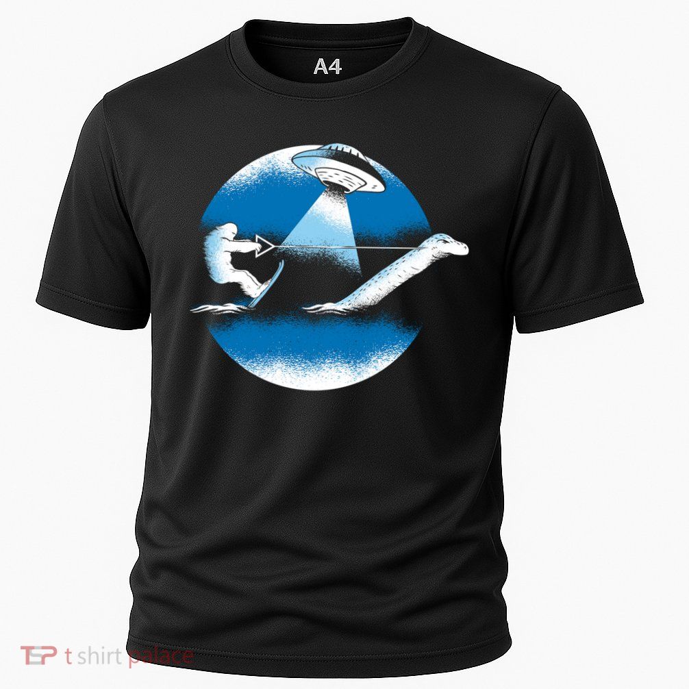 Bigfoot Water Skiing On Loch Ness Monster Alien Space Ship Gift Performance Shirt