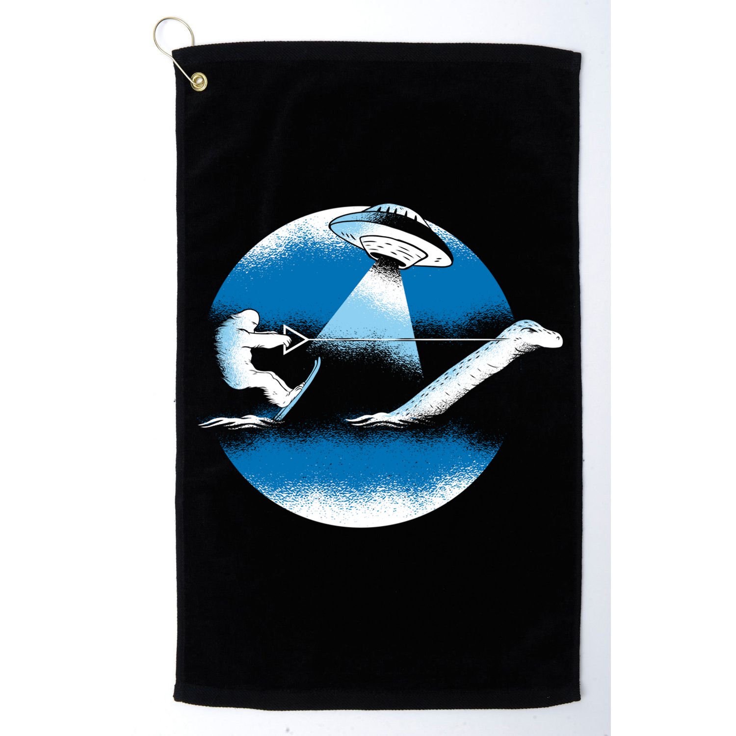 Bigfoot Water Skiing On Loch Ness Monster Alien Space Ship Gift Golf Towel