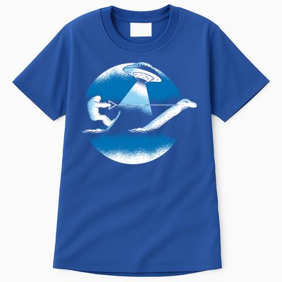 Bigfoot Water Skiing On Loch Ness Monster Alien Space Ship Gift Tall T-Shirt