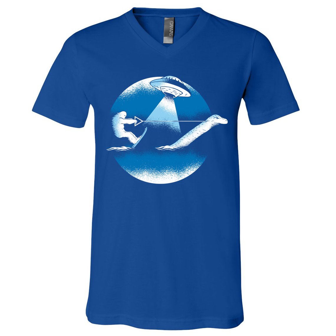 Bigfoot Water Skiing On Loch Ness Monster Alien Space Ship Gift V-Neck T-Shirt