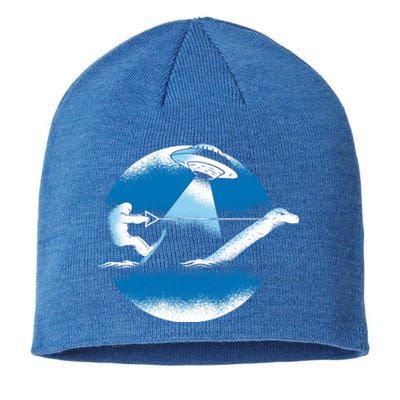 Bigfoot Water Skiing On Loch Ness Monster Alien Space Ship Gift Sustainable Beanie