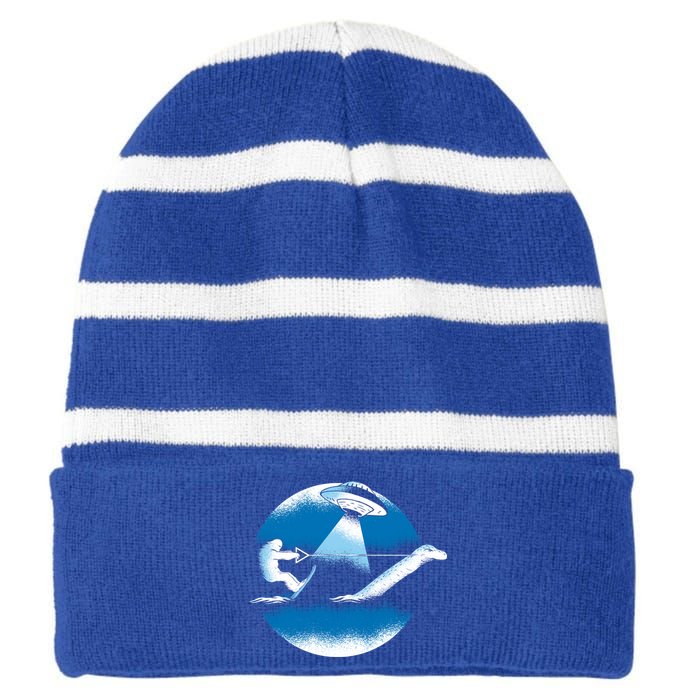 Bigfoot Water Skiing On Loch Ness Monster Alien Space Ship Gift Striped Beanie with Solid Band