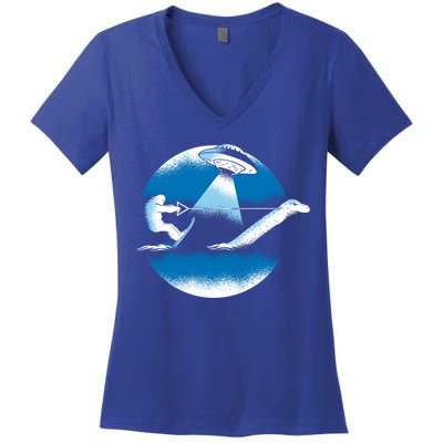 Bigfoot Water Skiing On Loch Ness Monster Alien Space Ship Gift Women's V-Neck T-Shirt