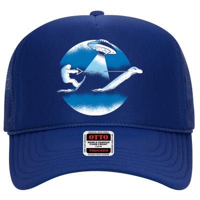 Bigfoot Water Skiing On Loch Ness Monster Alien Space Ship Gift High Crown Mesh Back Trucker Hat