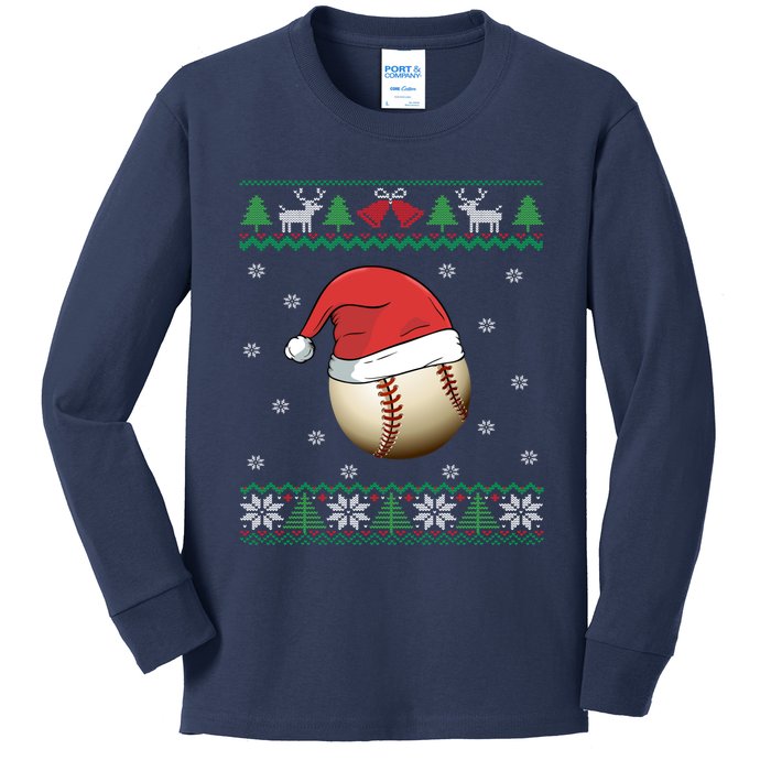 Baseball Wearing Santa Hat | Baseball Fan Ugly Christmas Kids Long Sleeve Shirt