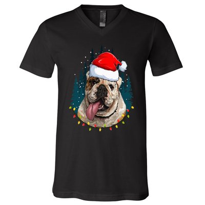 Bulldog Wearing Santa Hat Xmas Bulldog Lover Christmas V-Neck T-Shirt