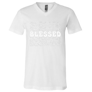 Blessed White Stacked Lettering Christian Religious V-Neck T-Shirt