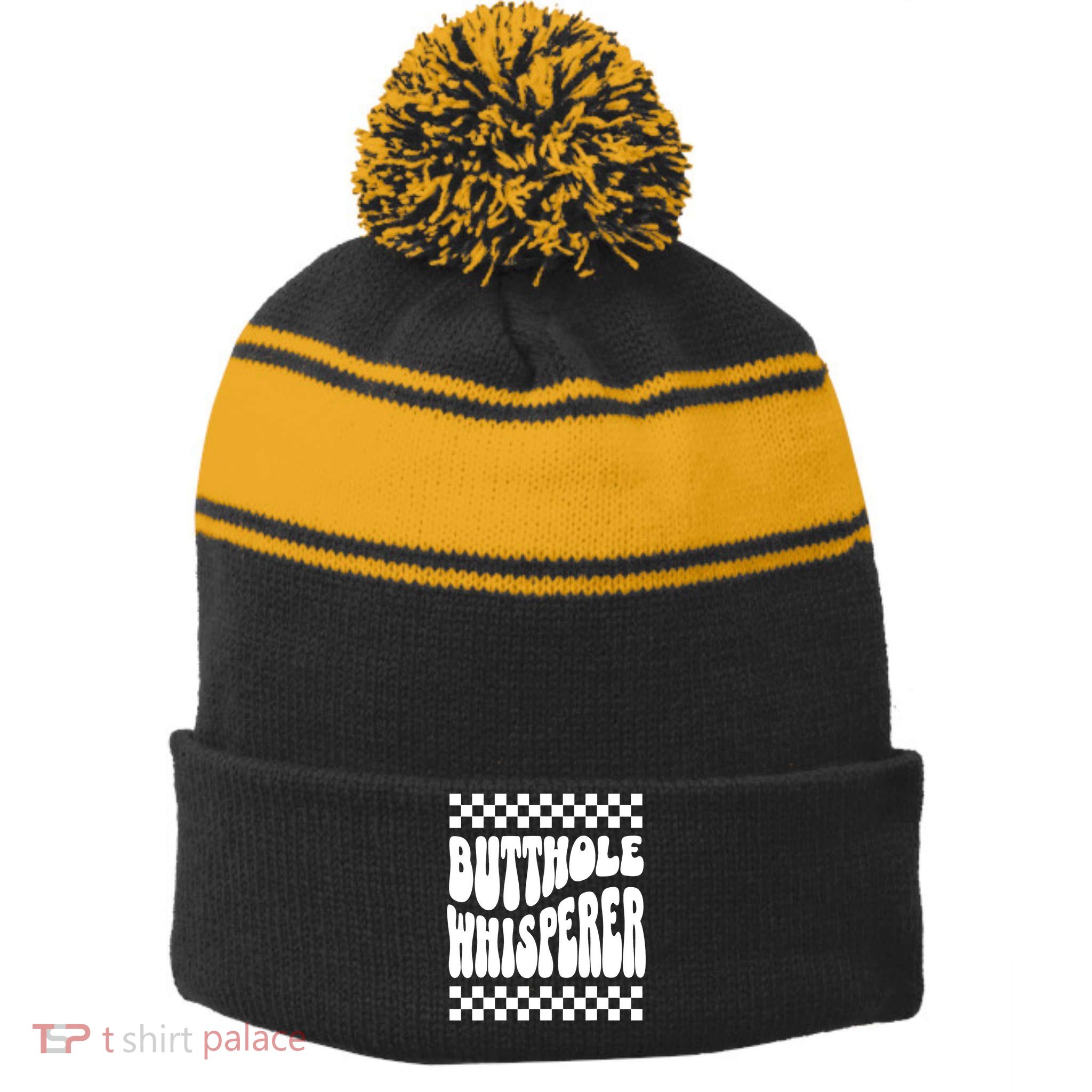Butthole Whisperer Sarcastic Jokes Retro Stripe Pom Pom Beanie