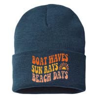 Boat Waves Sun Rays Beach Days Cute Retro Summer Vacation Sustainable Knit Beanie