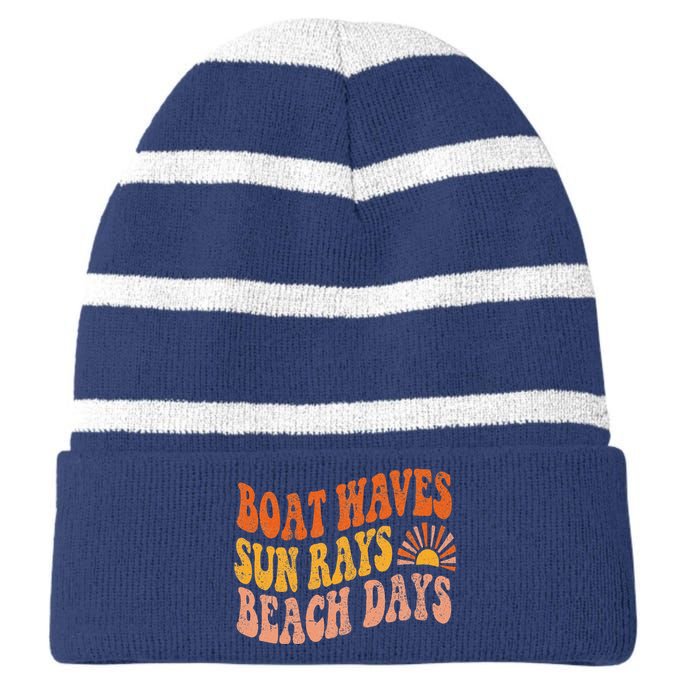 Boat Waves Sun Rays Beach Days Cute Retro Summer Vacation Striped Beanie with Solid Band