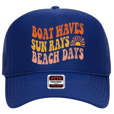 Boat Waves Sun Rays Beach Days Cute Retro Summer Vacation High Crown Mesh Back Trucker Hat