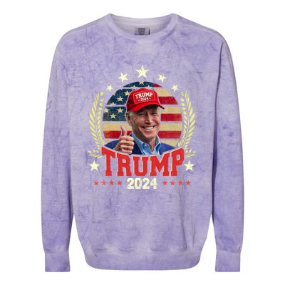 Biden Wearing Trump Red Hat Funny Trump 2024 Colorblast Crewneck Sweatshirt