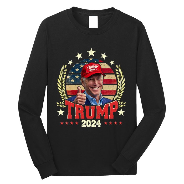 Biden Wearing Trump Red Hat Funny Trump 2024 Long Sleeve Shirt