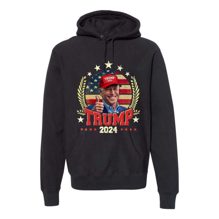 Biden Wearing Trump Red Hat Funny Trump 2024 Premium Hoodie