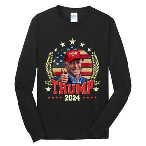 Biden Wearing Trump Red Hat Funny Trump 2024 Tall Long Sleeve T-Shirt