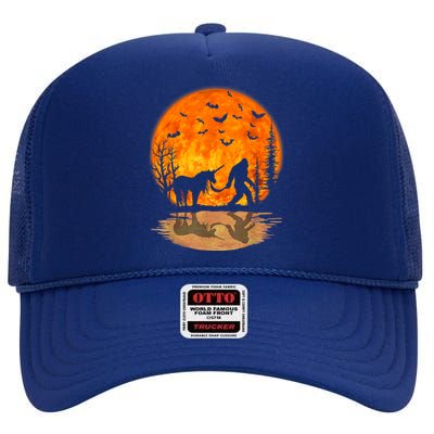 Bigfoot Walking Unicorn Funny Sasquatch Unicorn Halloween High Crown Mesh Back Trucker Hat