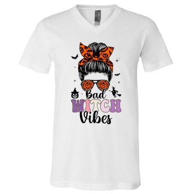 Bad Witch Vibes Halloween Spooky Season Messy Bun Gift V-Neck T-Shirt