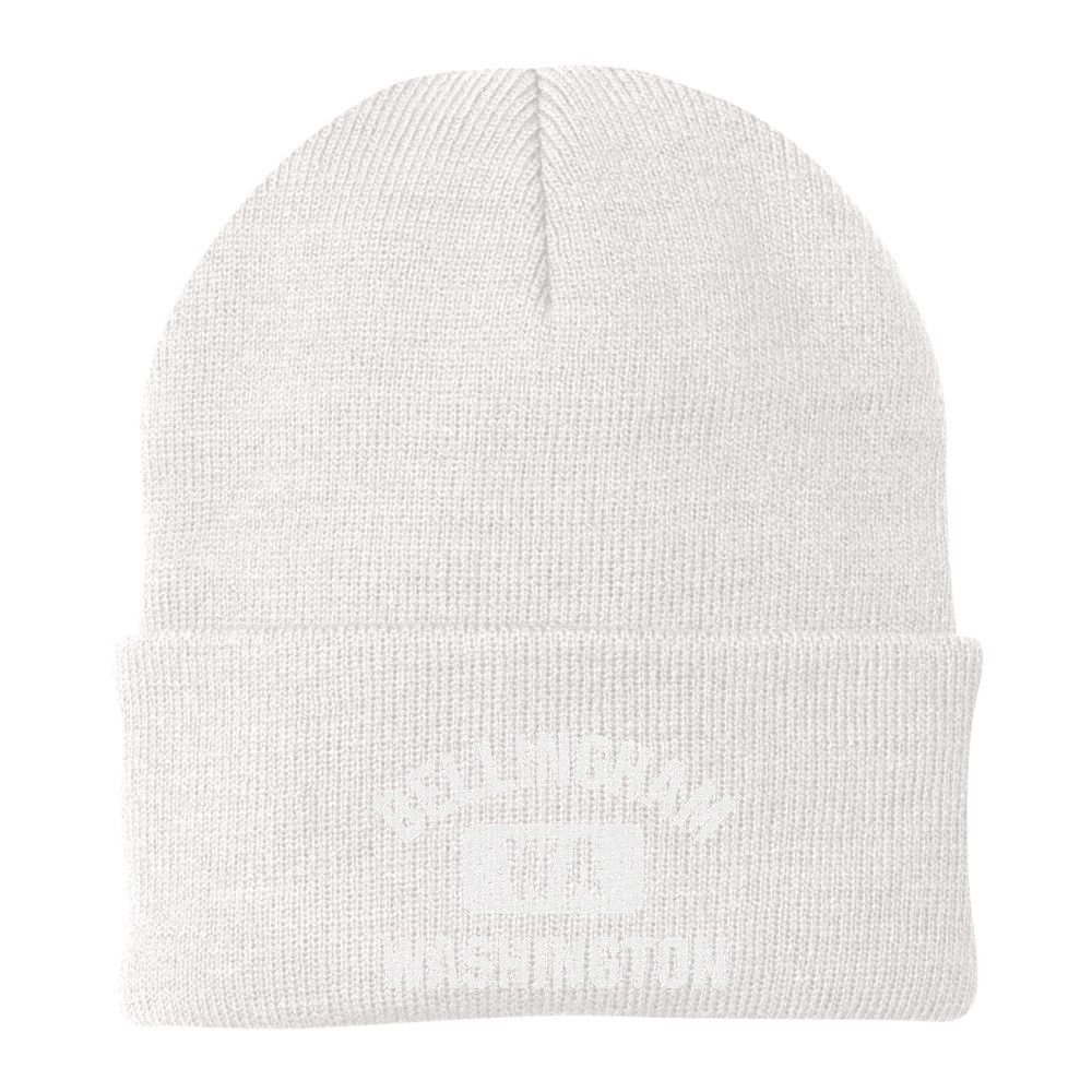 Bellingham Wa Washington Gym Style Distressed White Print Beanie