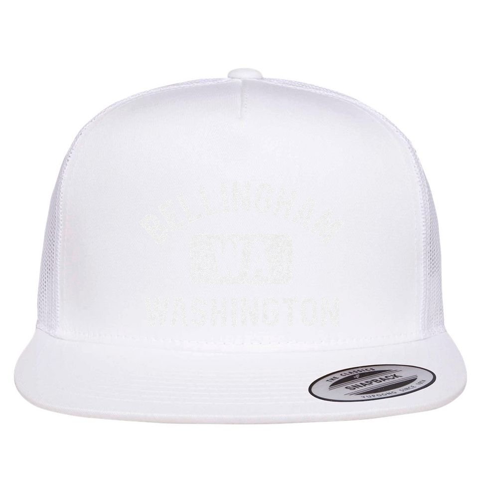 Bellingham Wa Washington Gym Style Distressed White Print Flat Bill Trucker Hat