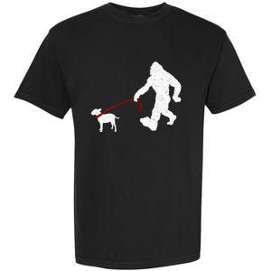 Bigfoot Walking With Bull Terrier Dog Garment-Dyed Heavyweight T-Shirt