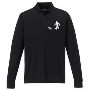 Bigfoot Walking With Bull Terrier Dog Performance Long Sleeve Polo