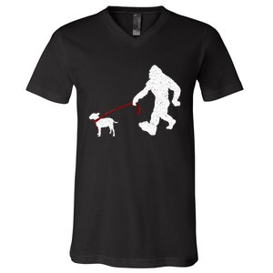 Bigfoot Walking With Bull Terrier Dog V-Neck T-Shirt