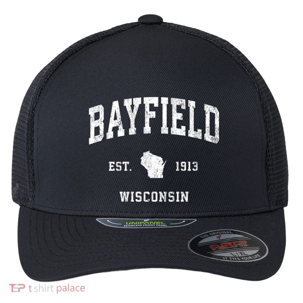 Bayfield Wisconsin Wi Vintage Athletic Sports Flexfit Unipanel Trucker Cap