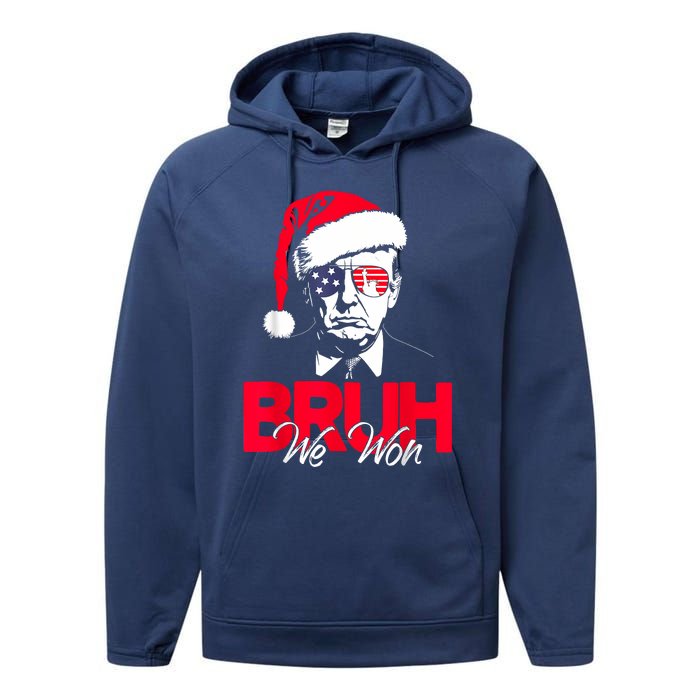 Bruh We Won Funny Christmas Santa Hat Trump 47 Usa President Performance Fleece Hoodie