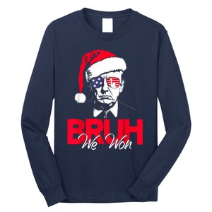 Bruh We Won Funny Christmas Santa Hat Trump 47 Usa President Long Sleeve Shirt