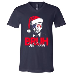 Bruh We Won Funny Christmas Santa Hat Trump 47 Usa President V-Neck T-Shirt