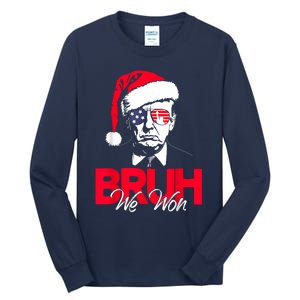 Bruh We Won Funny Christmas Santa Hat Trump 47 Usa President Tall Long Sleeve T-Shirt