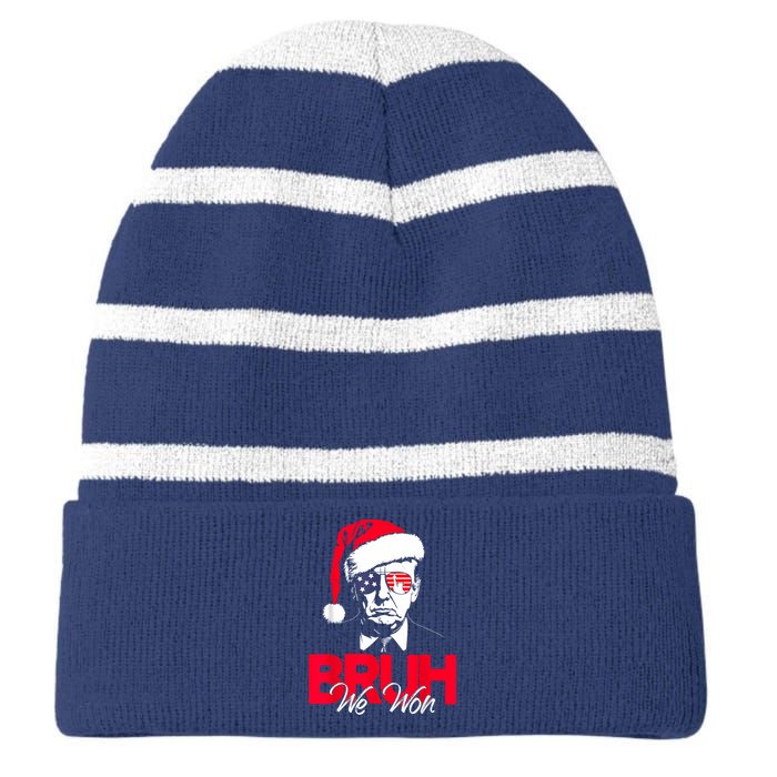 Bruh We Won Funny Christmas Santa Hat Trump 47 Usa President Striped Beanie with Solid Band