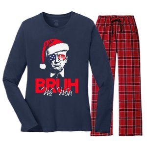 Bruh We Won Funny Christmas Santa Hat Trump 47 Usa President Women's Long Sleeve Flannel Pajama Set 