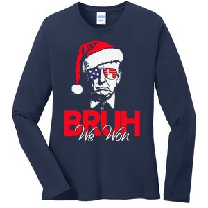 Bruh We Won Funny Christmas Santa Hat Trump 47 Usa President Ladies Long Sleeve Shirt