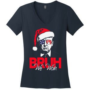 Bruh We Won Funny Christmas Santa Hat Trump 47 Usa President Women's V-Neck T-Shirt