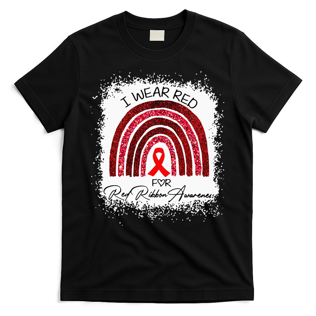 Bleached We Wear Red For Red Ribbon Week Awareness Rainbow T-Shirt
