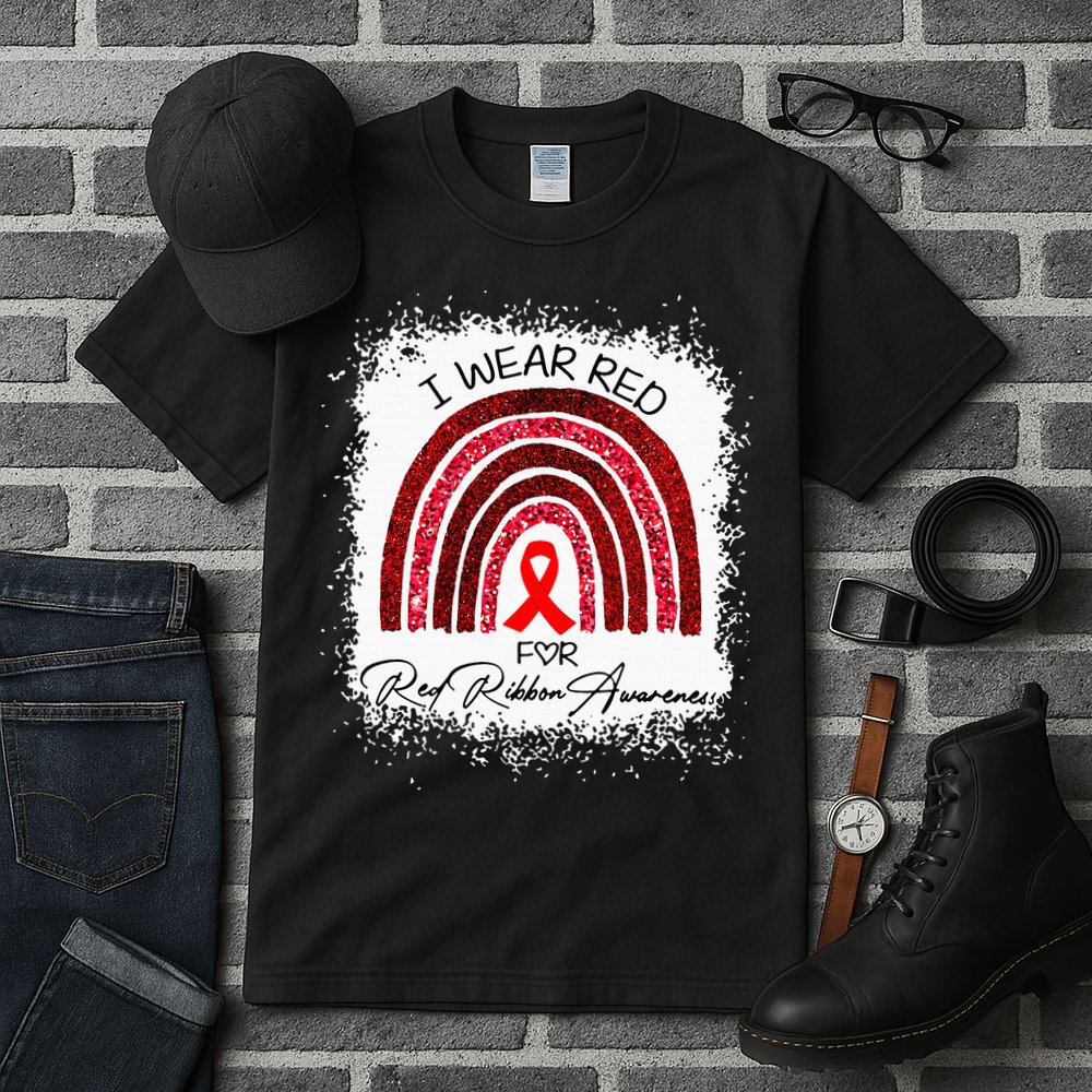 Bleached We Wear Red For Red Ribbon Week Awareness Rainbow Tall T-Shirt