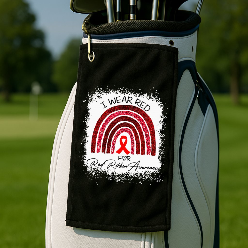 Bleached We Wear Red For Red Ribbon Week Awareness Rainbow Golf Towel
