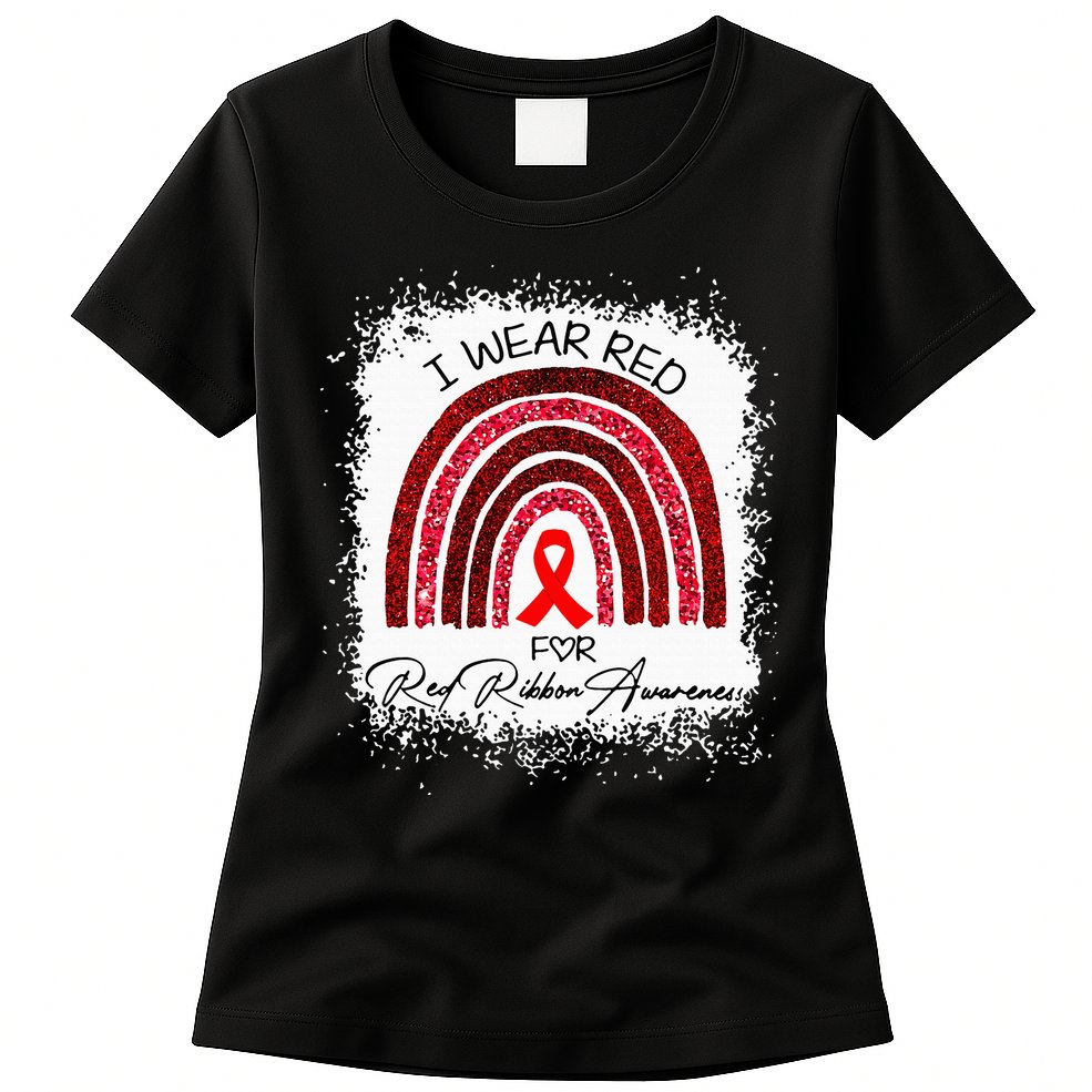 Bleached We Wear Red For Red Ribbon Week Awareness Rainbow Womens T-Shirt