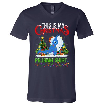 Blue Whale Xmas Lights This Is My Christmas Pajama V-Neck T-Shirt