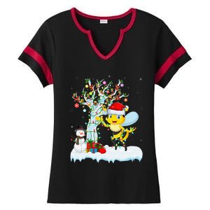 Bee Xmas Lighting Tree Santa Hat Bee Christmas Ladies Halftime Notch Neck Tee